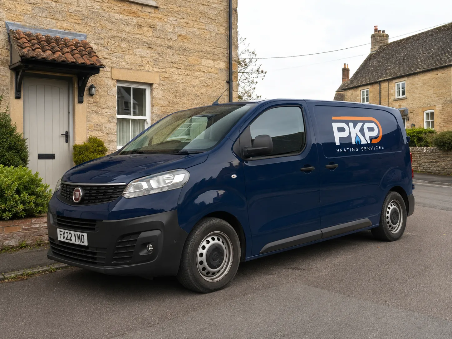 The PKP Heating Services van parked outside a village home in Lincolnshire